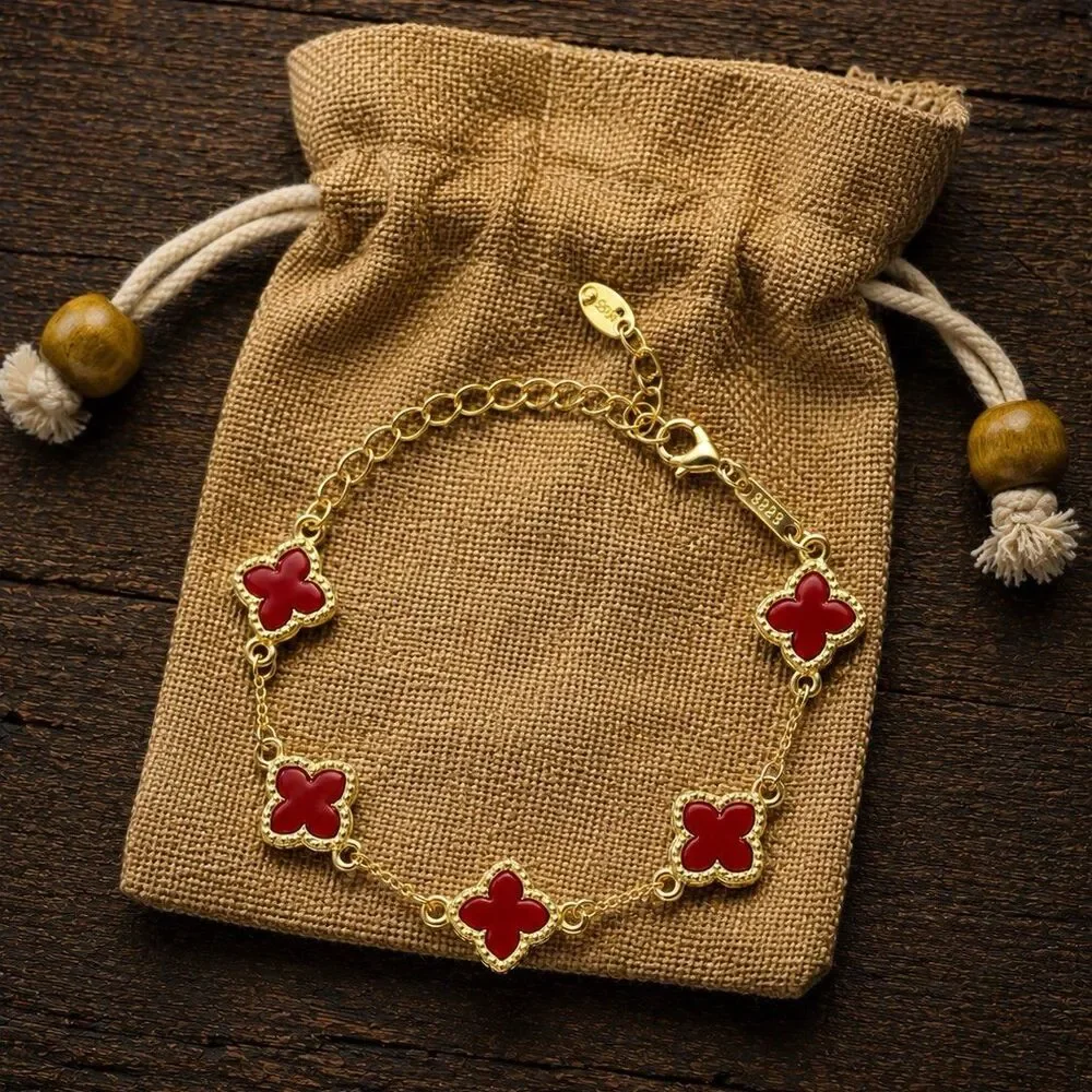 Gold Red Four Leaf Clover Bracelet Lucky Charm